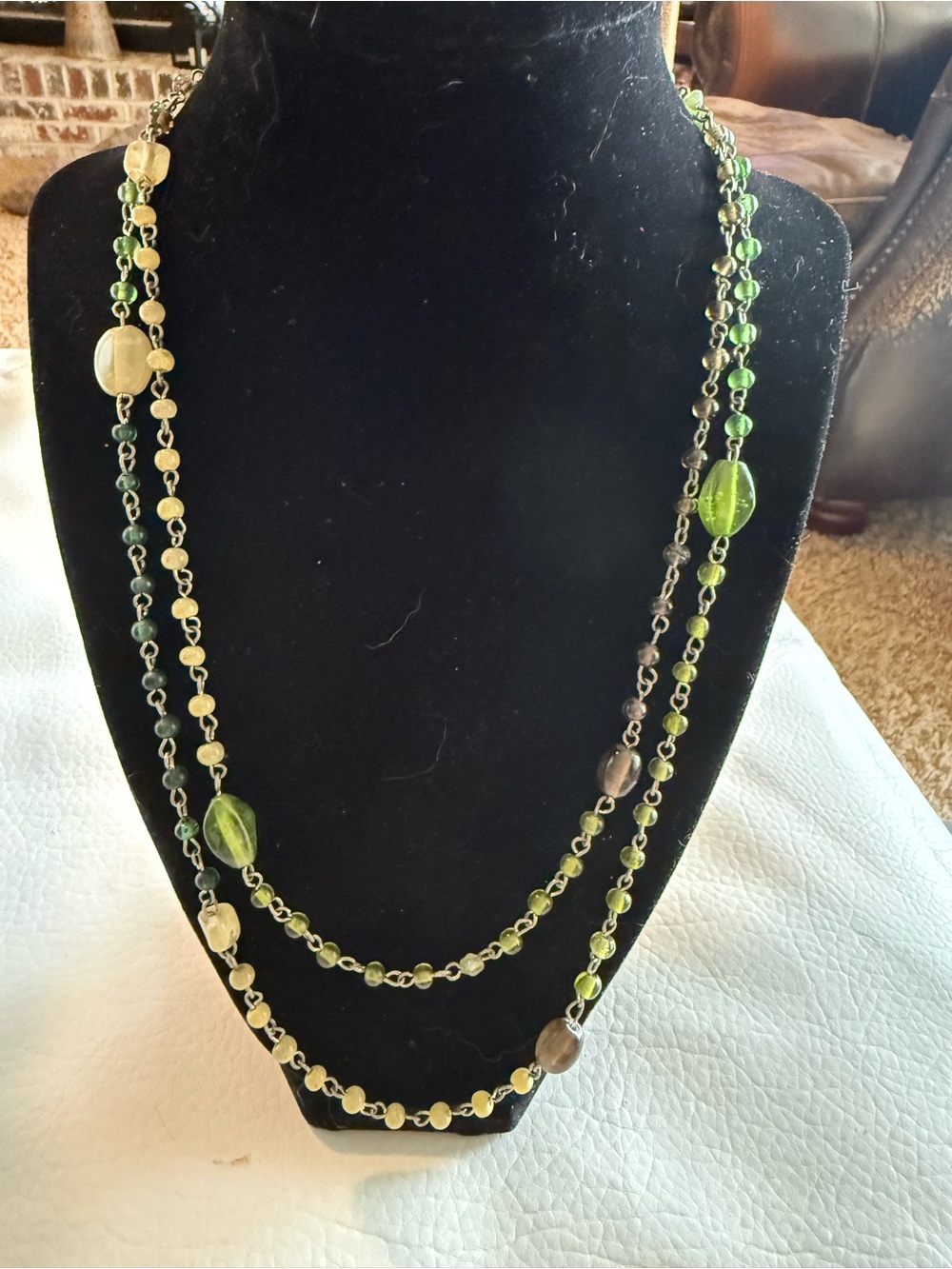 Vintage 44" Olive Green Glass Bead Link Station Opera Length Flapper Necklace